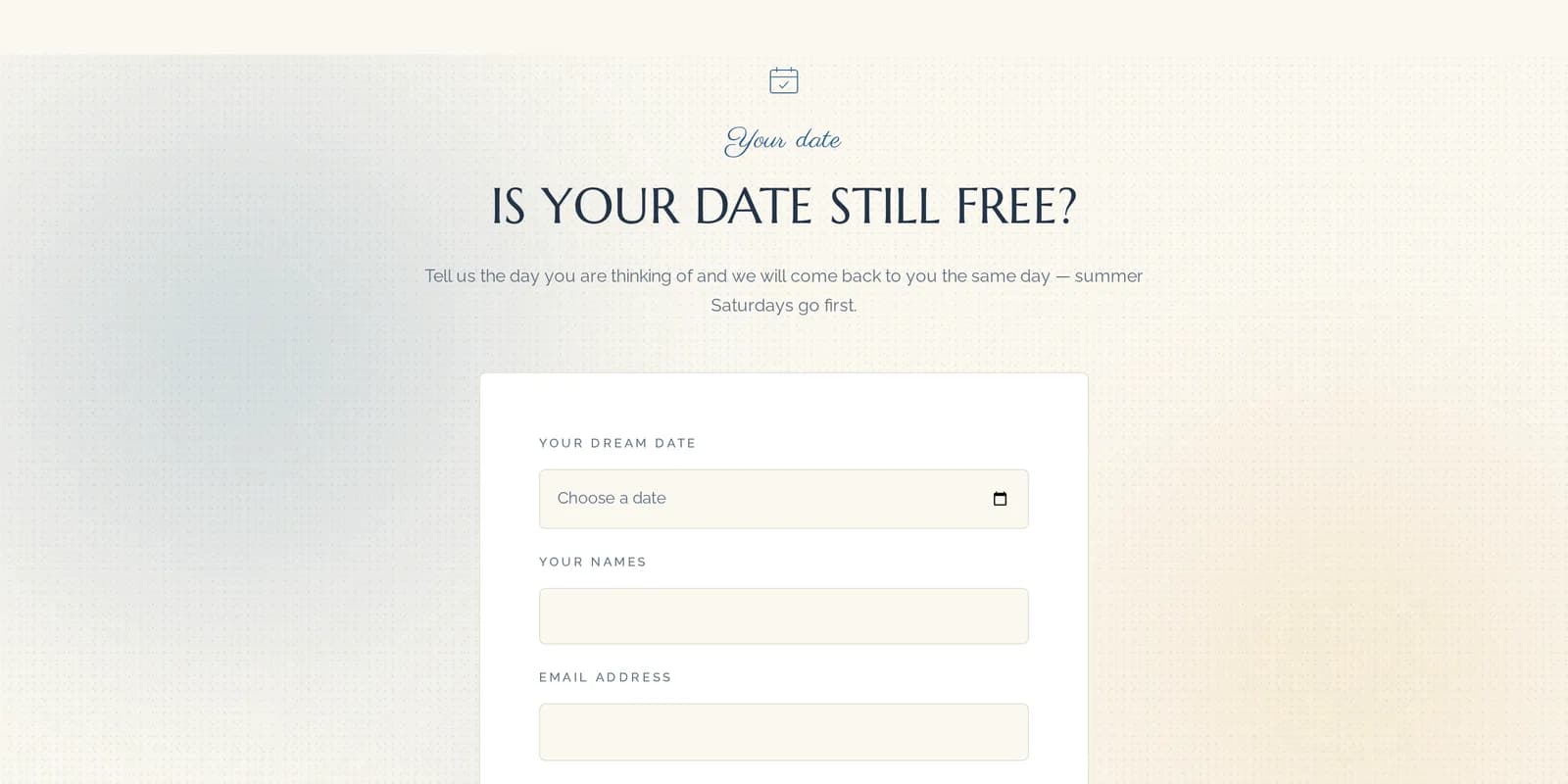 The Leads screen filtered to Date inquiries: a Requested date column with wedding dates sorted in ascending order.