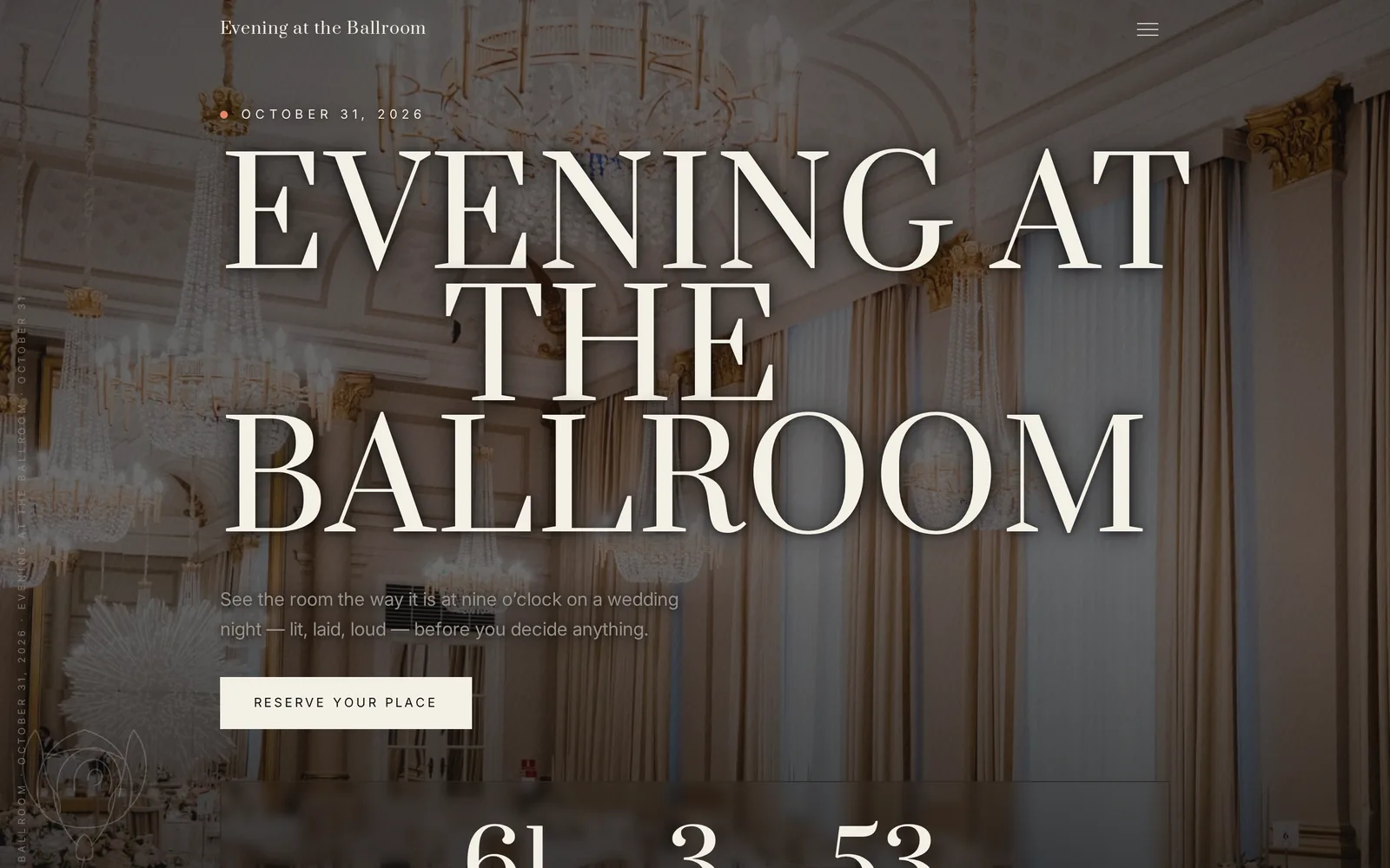 Screenshot of a finished open day page: event name, date, a countdown, and a menu with About, Programme, Gallery, Offer, Menu, Suppliers, FAQ, Your date, Directions and Registration.
