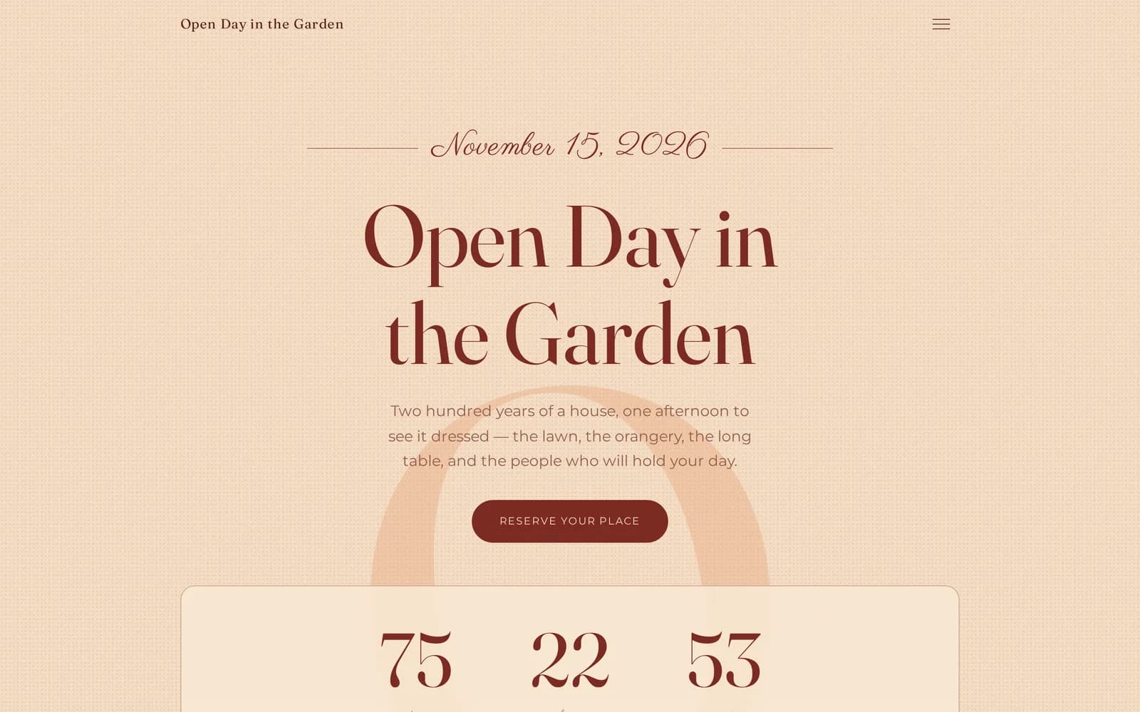 The open-day page for Linden Hall on a desktop screen: the date, the event title and a button to reserve a place.