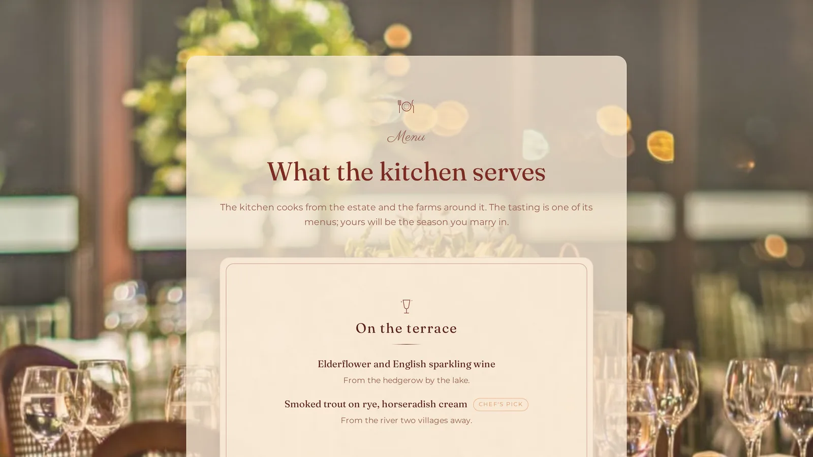 The Menu section on an event page: categories with hand-drawn icons and dishes with descriptions and dietary tags.