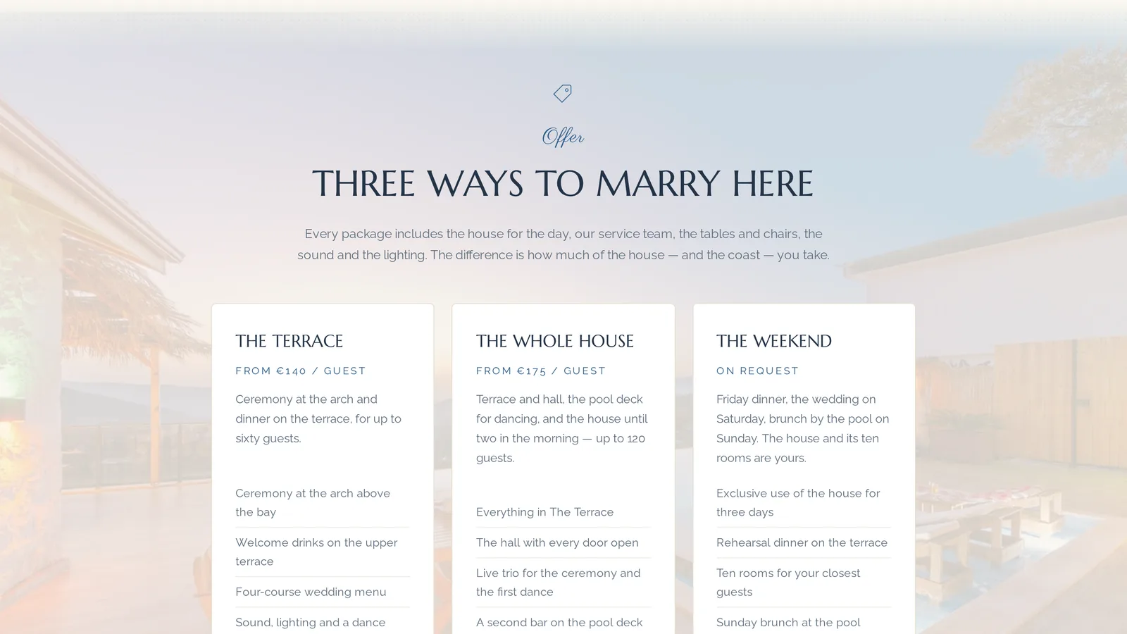 The Offer section on an event page: three package cards, each with a name, a price-from line and a list of inclusions.