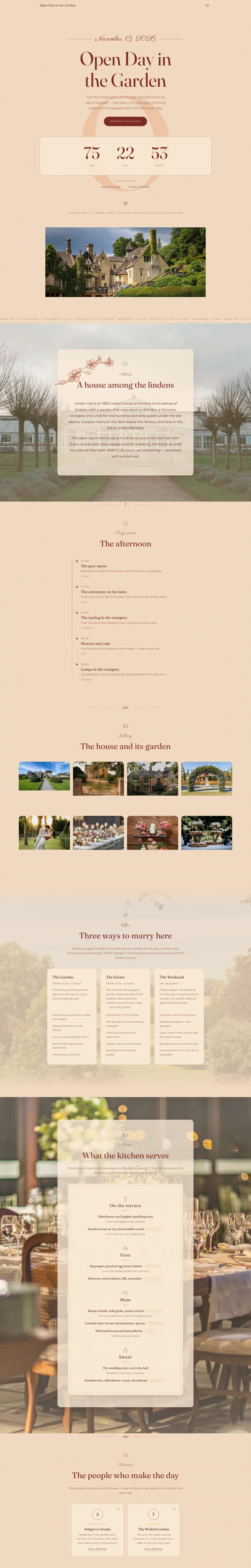A whole open-day page from header to footer: programme, gallery, offer, menu, suppliers, passport, FAQ, the date question, directions and registration.
