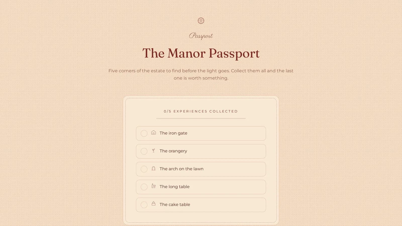 The Event Passport on a phone: a grid of stops with hand-drawn icons, some already collected, and the screen revealing the reward code.
