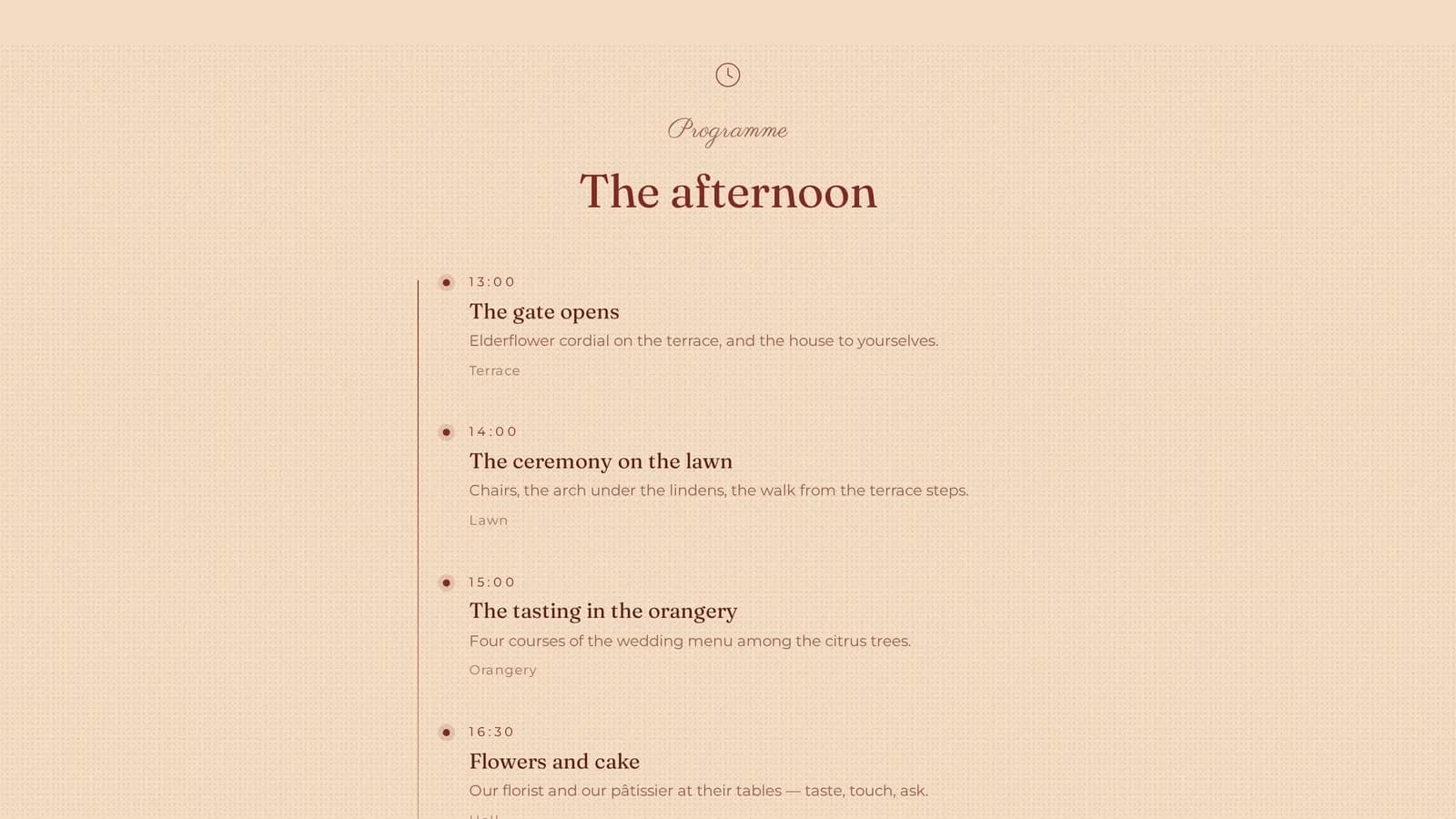 A phone showing the event page on the day: a bar across the top labelled NOW and NEXT with the titles of two programme items.
