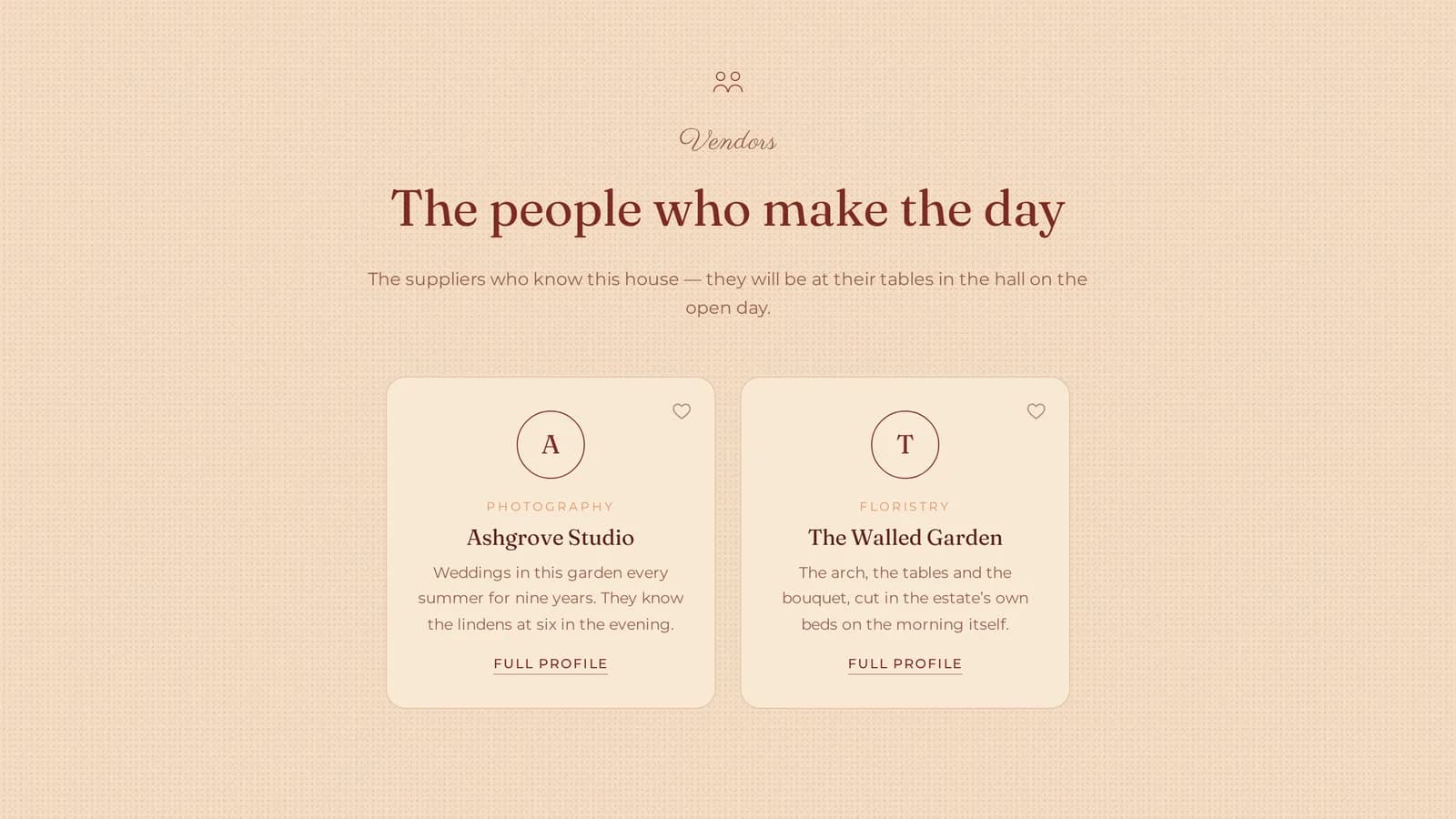 The supplier portal: description and link fields, a space for the logo, and a grid of portfolio photographs.