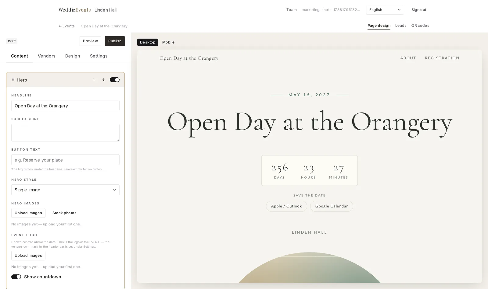 The WeddieEvents editor: four tabs across the top, a section list with drag handles on the left, and a live preview of the page on the right.