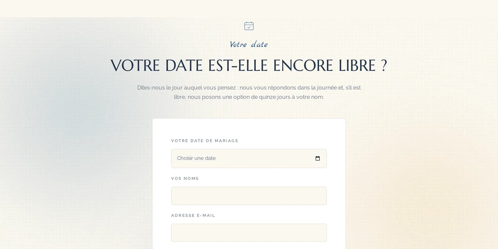 L’écran des demandes filtré sur les demandes de disponibilité : une colonne Date demandée, avec des dates de mariage triées par ordre croissant.