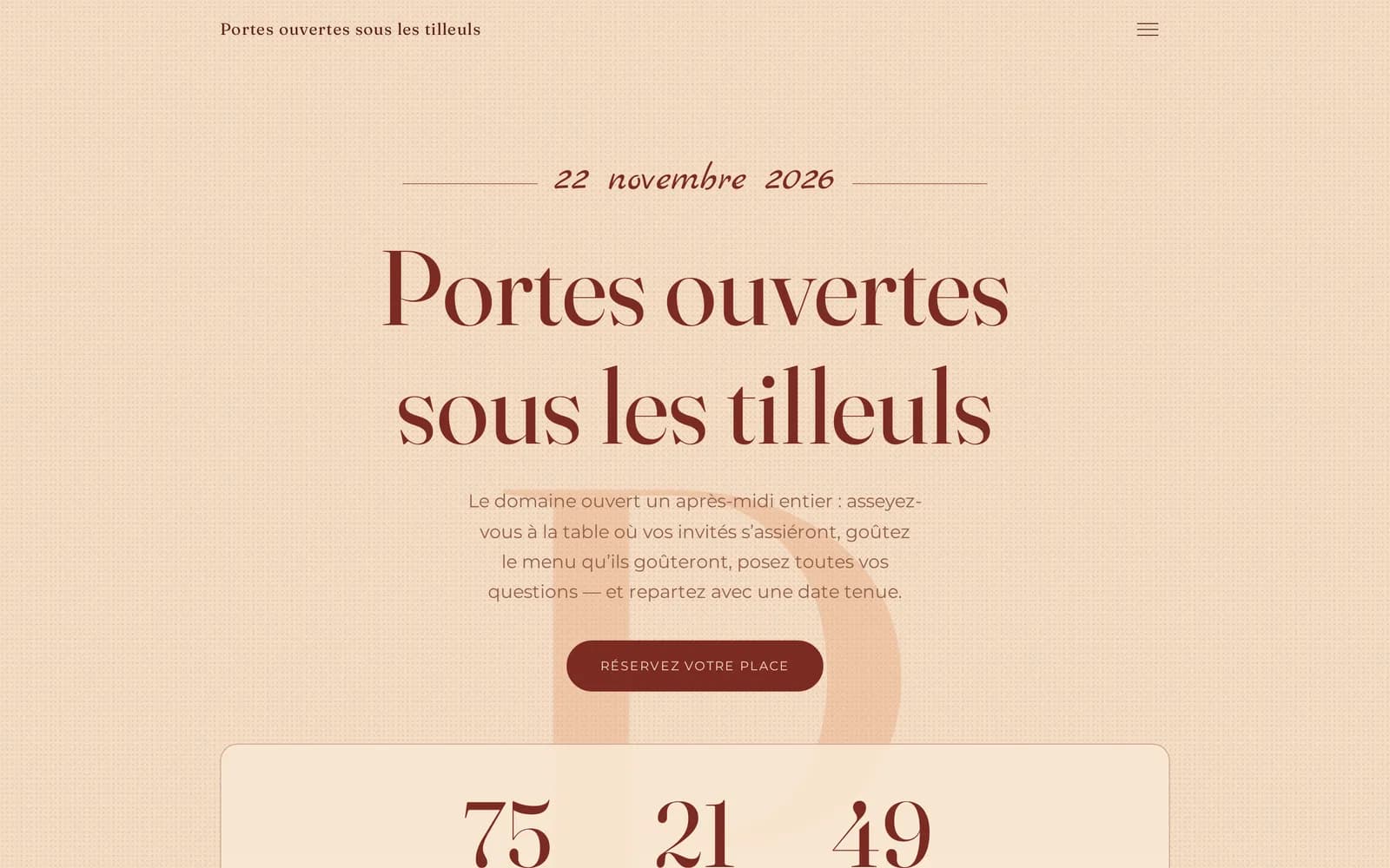 La page de la journée portes ouvertes du Domaine des Tilleuls sur un écran d’ordinateur : la date, le titre de l’événement et un bouton pour réserver sa place.