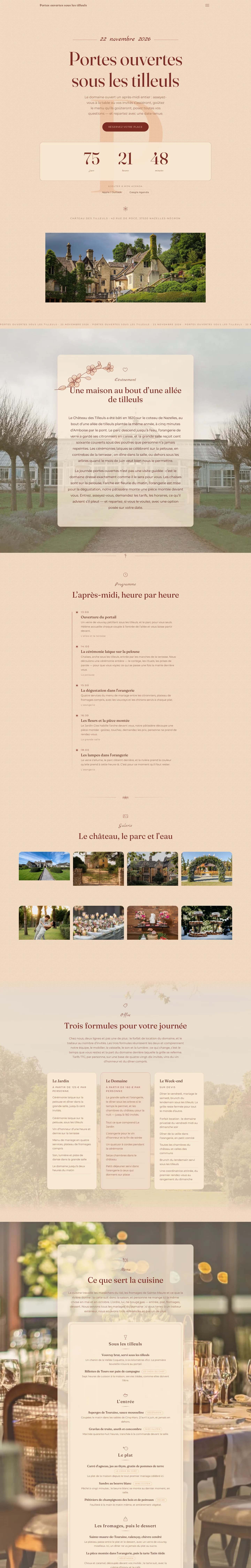 Une page de journée portes ouvertes entière, de l’en-tête au pied de page : programme, galerie, offre, menu, prestataires, Passeport, FAQ, formulaire de disponibilité, plan d’accès et inscription.