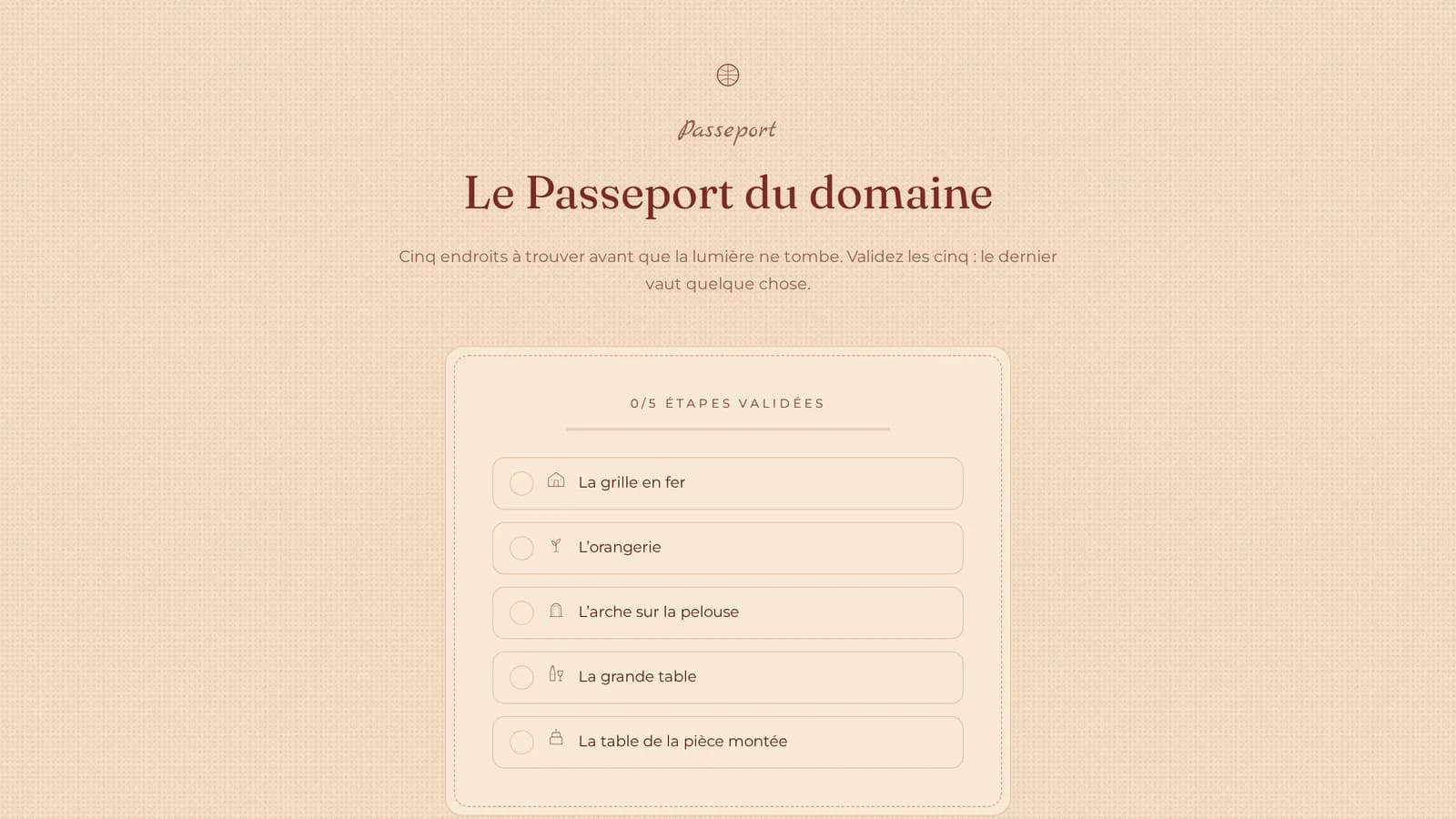Le Passeport de l’événement sur un téléphone : une grille d’étapes avec des icônes dessinées à la main, certaines déjà validées, et l’écran qui révèle le code de récompense.