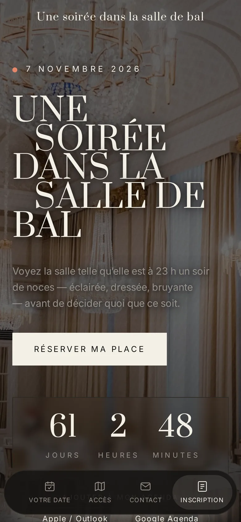 Le programme de la journée portes ouvertes sur un téléphone, avec la barre de sections flottante en bas de l’écran.
