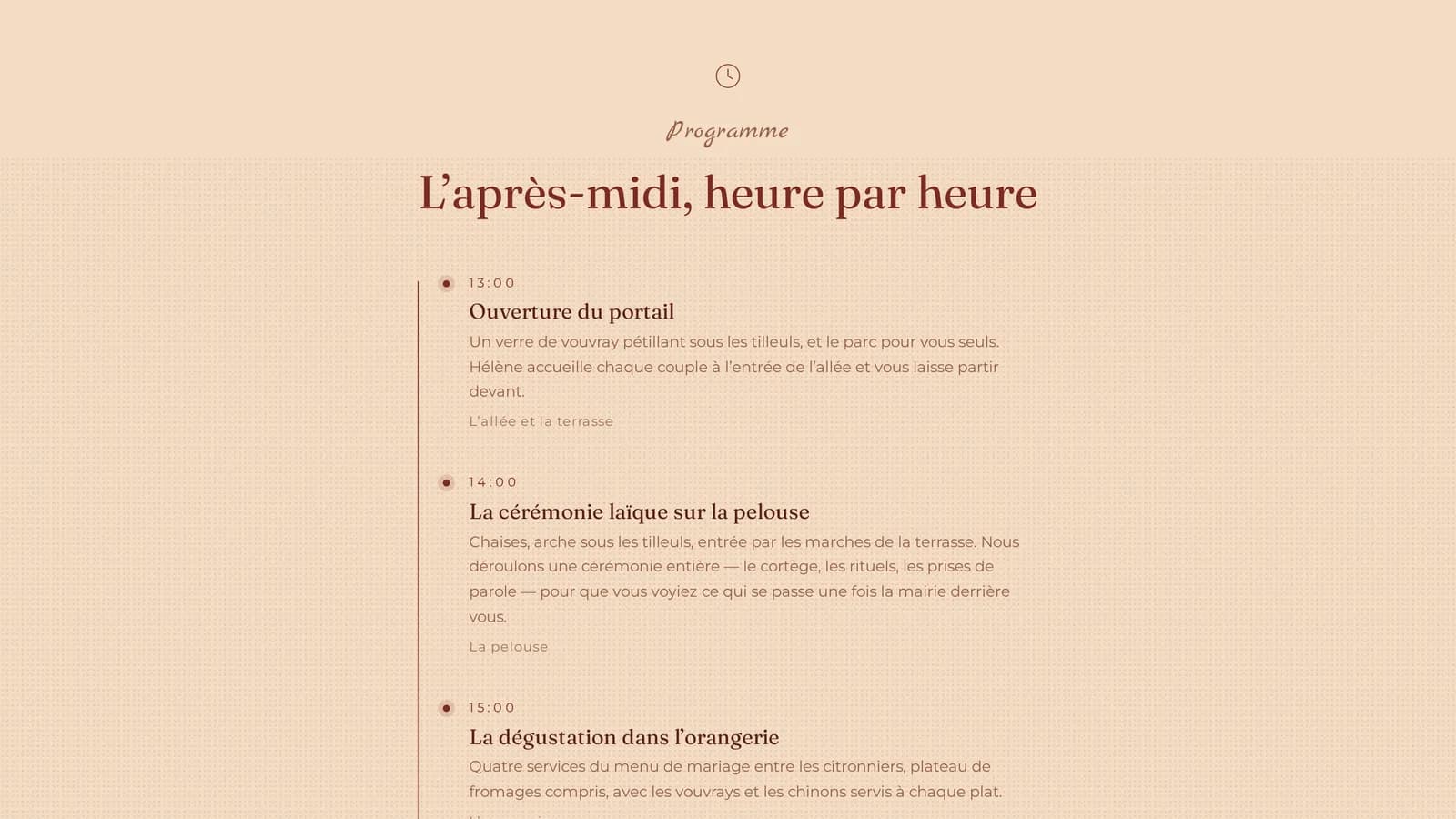 Un téléphone affichant la page de l’événement le jour même : une barre en haut, marquée EN CE MOMENT et ENSUITE, avec les titres de deux points du programme.