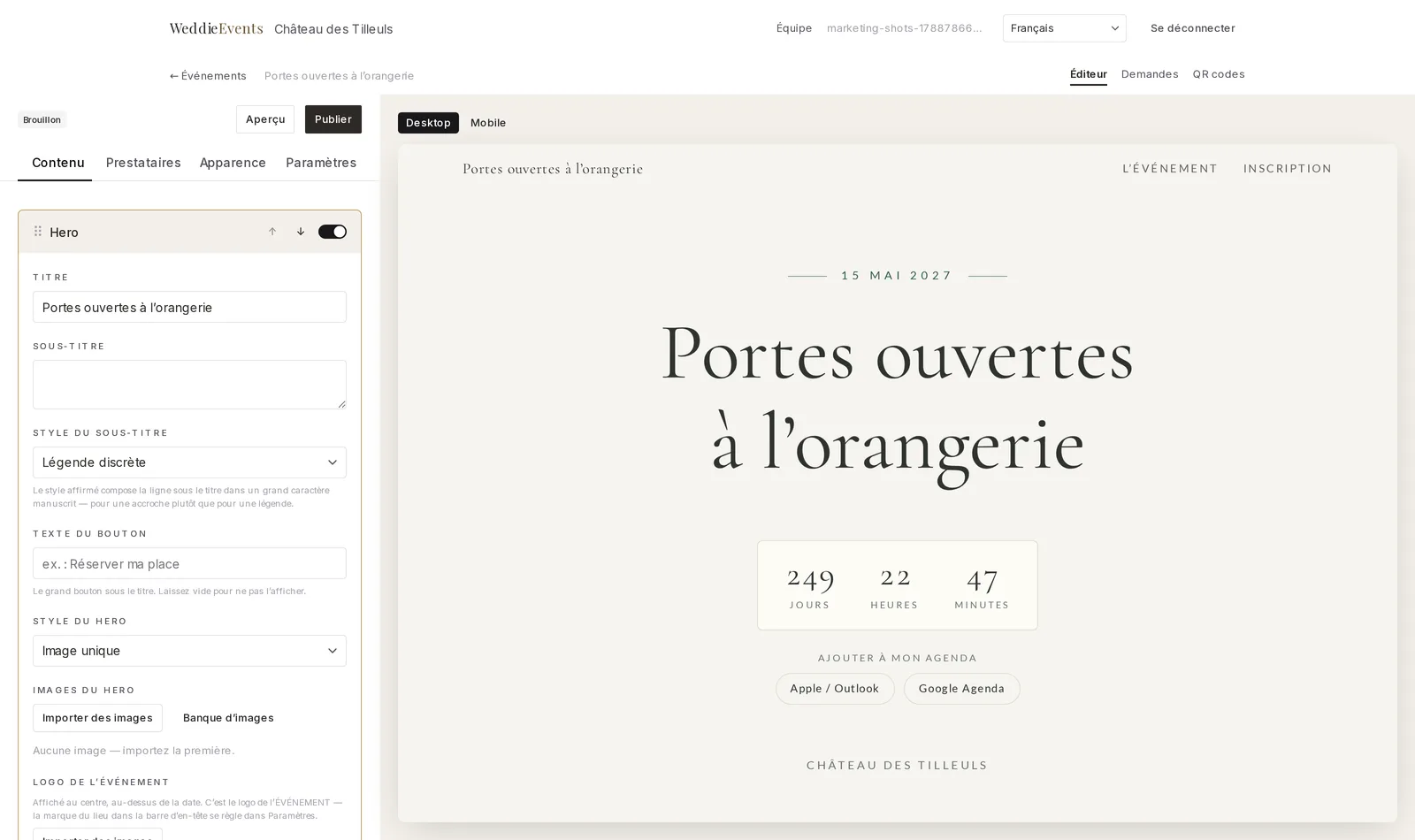 L’éditeur WeddieEvents : quatre onglets en haut — Contenu, Prestataires, Apparence, Paramètres — la liste des sections avec leurs poignées de glissement à gauche, et l’aperçu en direct de la page à droite.