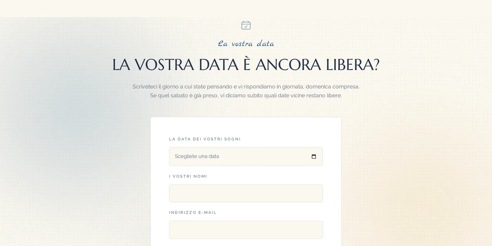 Schermata dell’elenco delle richieste di disponibilità: righe con i nomi della coppia, l’indirizzo e-mail e una colonna a parte con la data richiesta, ordinate dalla più vicina.