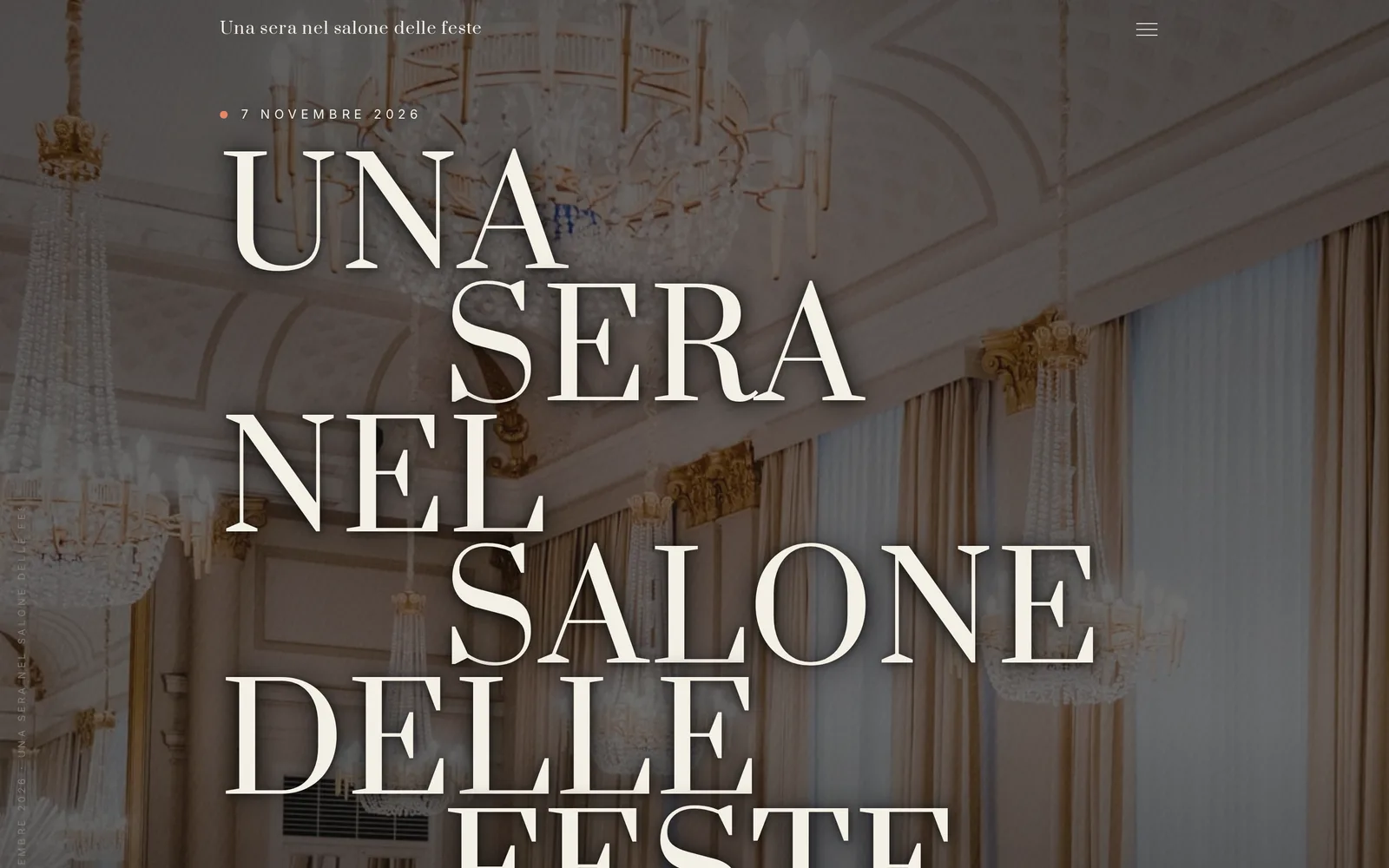 Schermata di una pagina di open day finita: nome dell’evento, data, conto alla rovescia e un menu con le voci L’evento, Programma, Galleria, Offerta, Menu, Fornitori, FAQ, La vostra data, Come arrivare e Iscrizioni.