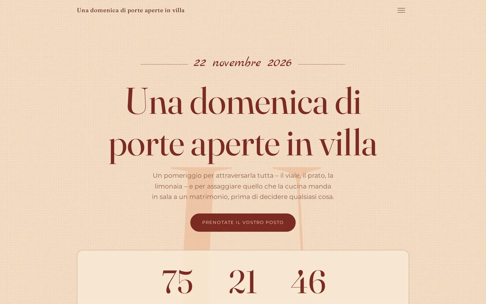 La pagina dell’open day di Villa dei Tigli sullo schermo di un computer: la data, il titolo dell’evento e il pulsante per prenotare il posto.