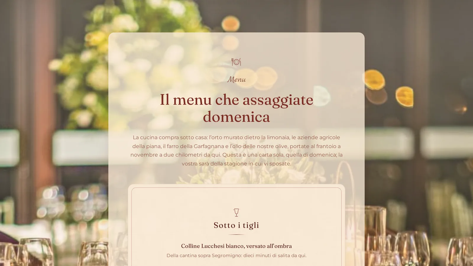 La sezione Menu sulla pagina di un evento: categorie con icone disegnate a mano e piatti con descrizione e indicazioni per le diete.