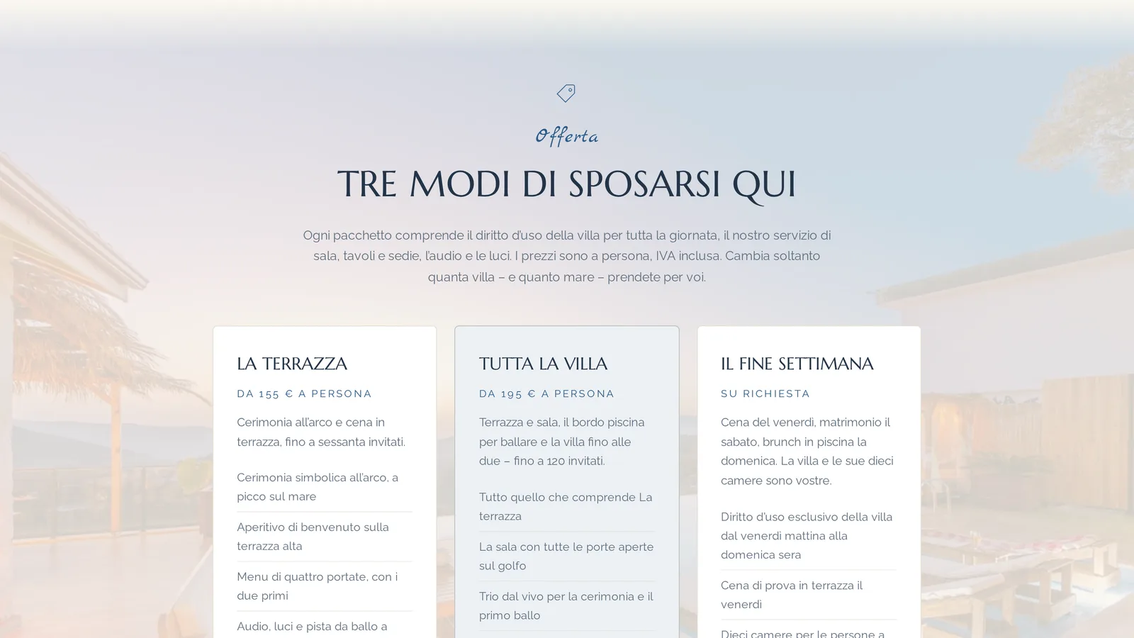 La sezione Offerta sulla pagina di un evento: tre schede di pacchetti, ognuna con nome, riga «a partire da» ed elenco di quello che comprende.