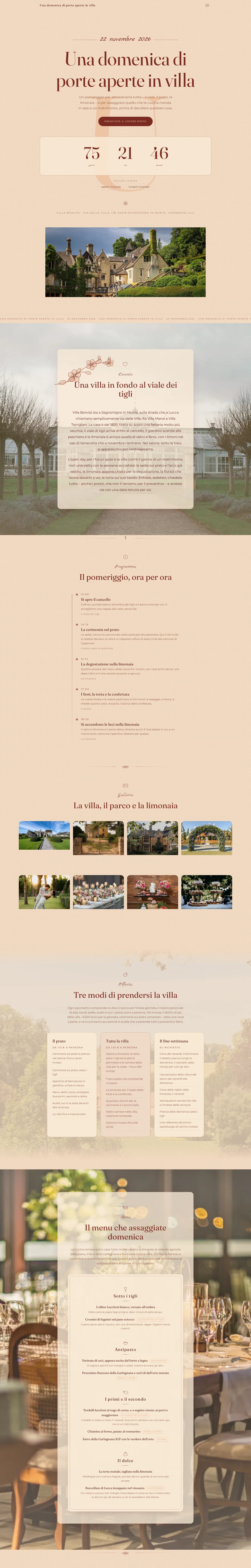 Una pagina di open day intera, dall’intestazione al fondo: programma, galleria, offerta, menu, fornitori, Passaporto, FAQ, verifica della data, come arrivare e iscrizioni.