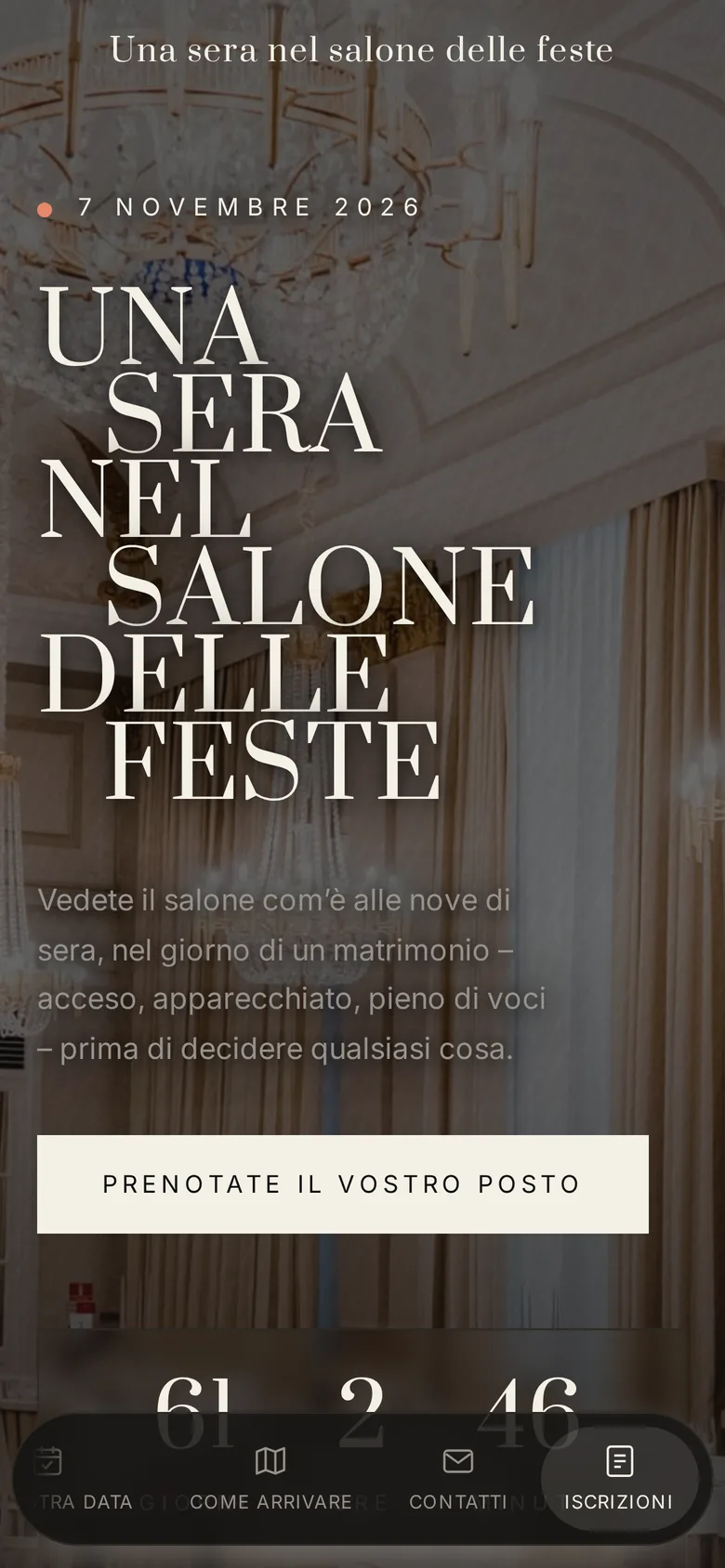 Il programma dell’open day su un telefono, con la barra delle sezioni che galleggia in fondo allo schermo.