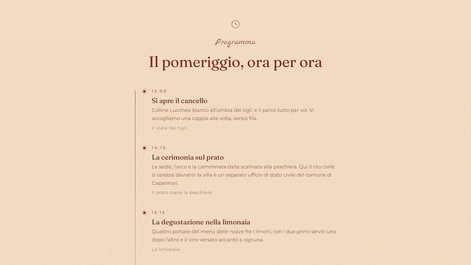 La sezione «Programma» di una pagina open day: un elenco verticale di orari, 14:00, 14:30, 16:00, 17:00 e 18:00, e accanto a ognuno un titolo e una breve descrizione.