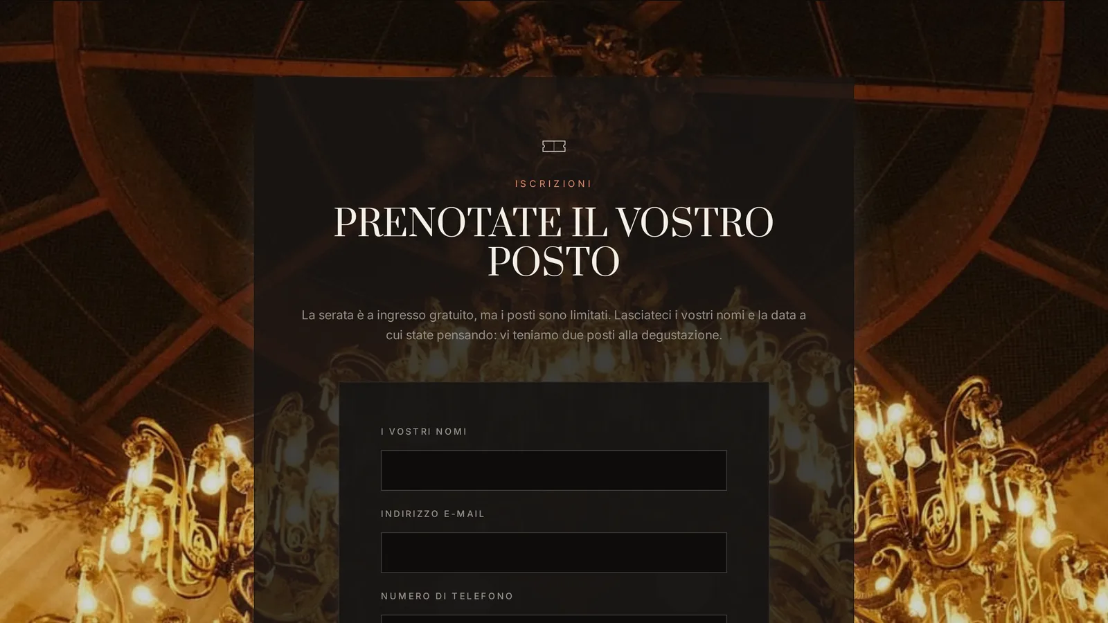 Il modulo di iscrizione a un open day aperto sul telefono: i campi con i nomi della coppia, l’indirizzo e-mail, la data del matrimonio e il telefono, e la spunta di consenso a essere ricontattati dalla struttura.