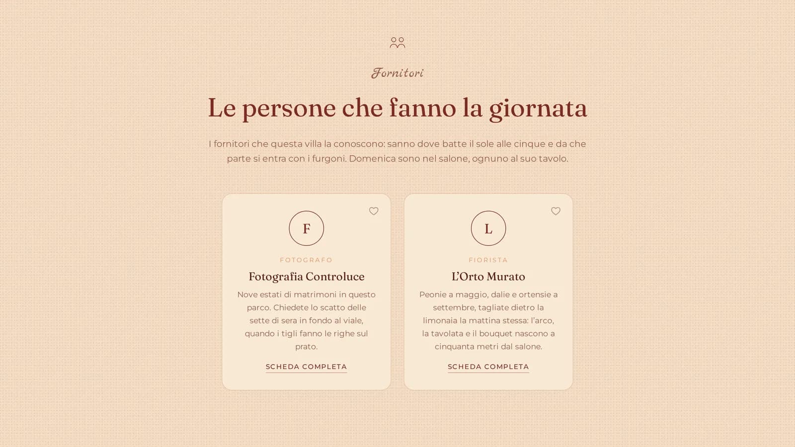 La sezione «Fornitori» di una pagina open day aperta sul telefono: schede una sotto l’altra, ognuna con il logo dell’azienda, la categoria e due frasi di descrizione.