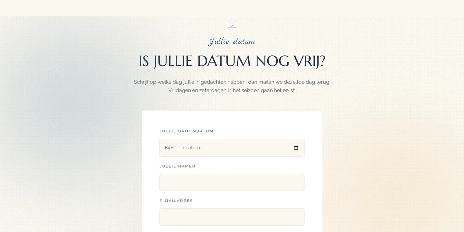 Het scherm Aanvragen, gefilterd op Datumvragen: een kolom Gevraagde datum met trouwdatums oplopend gesorteerd.
