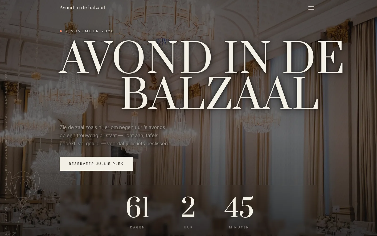 Schermafbeelding van een afgeronde pagina voor een open dag: de naam van het evenement, de datum, een aftelklok en een menu met Over, Programma, Galerij, Aanbod, Menu, Leveranciers, FAQ, Jullie datum, Route en Inschrijven.
