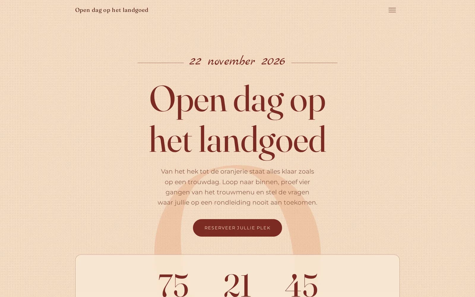 De pagina van de open dag van Landgoed Lindenhof op een computerscherm: de datum, de titel van het evenement en een knop om een plek te reserveren.