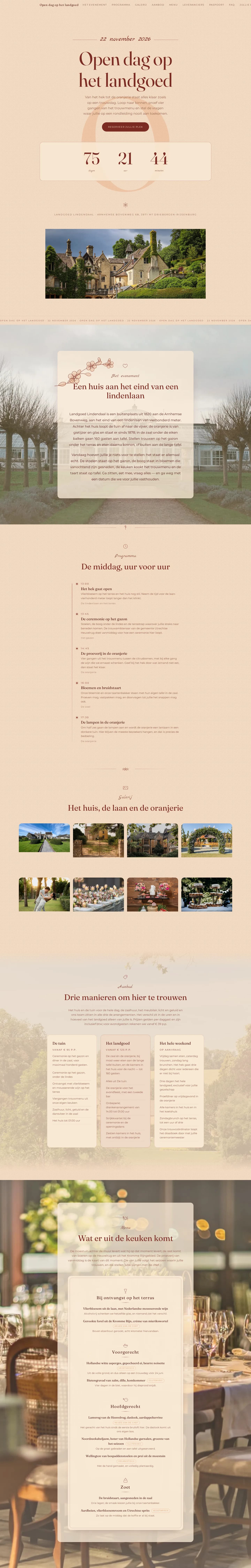 Een hele pagina van een open dag, van kop tot voet: programma, galerij, aanbod, menu, leveranciers, paspoort, FAQ, de vraag over de trouwdatum, de route en de inschrijving.