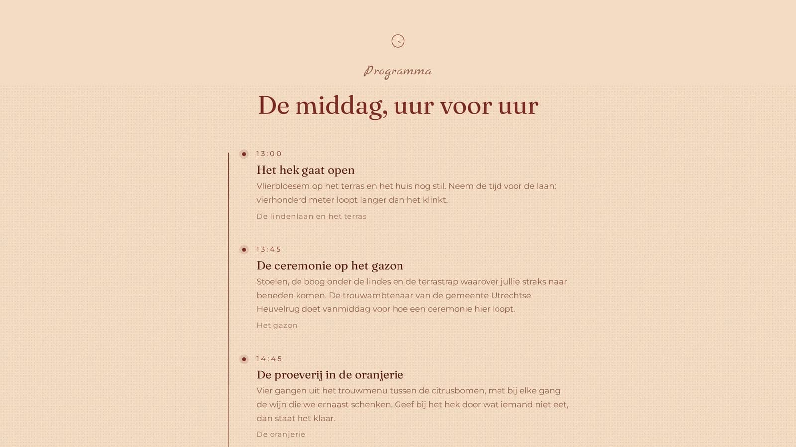 Een telefoon met de eventpagina op de dag zelf: bovenaan een balk met de labels NU en STRAKS en de titels van twee programmapunten.