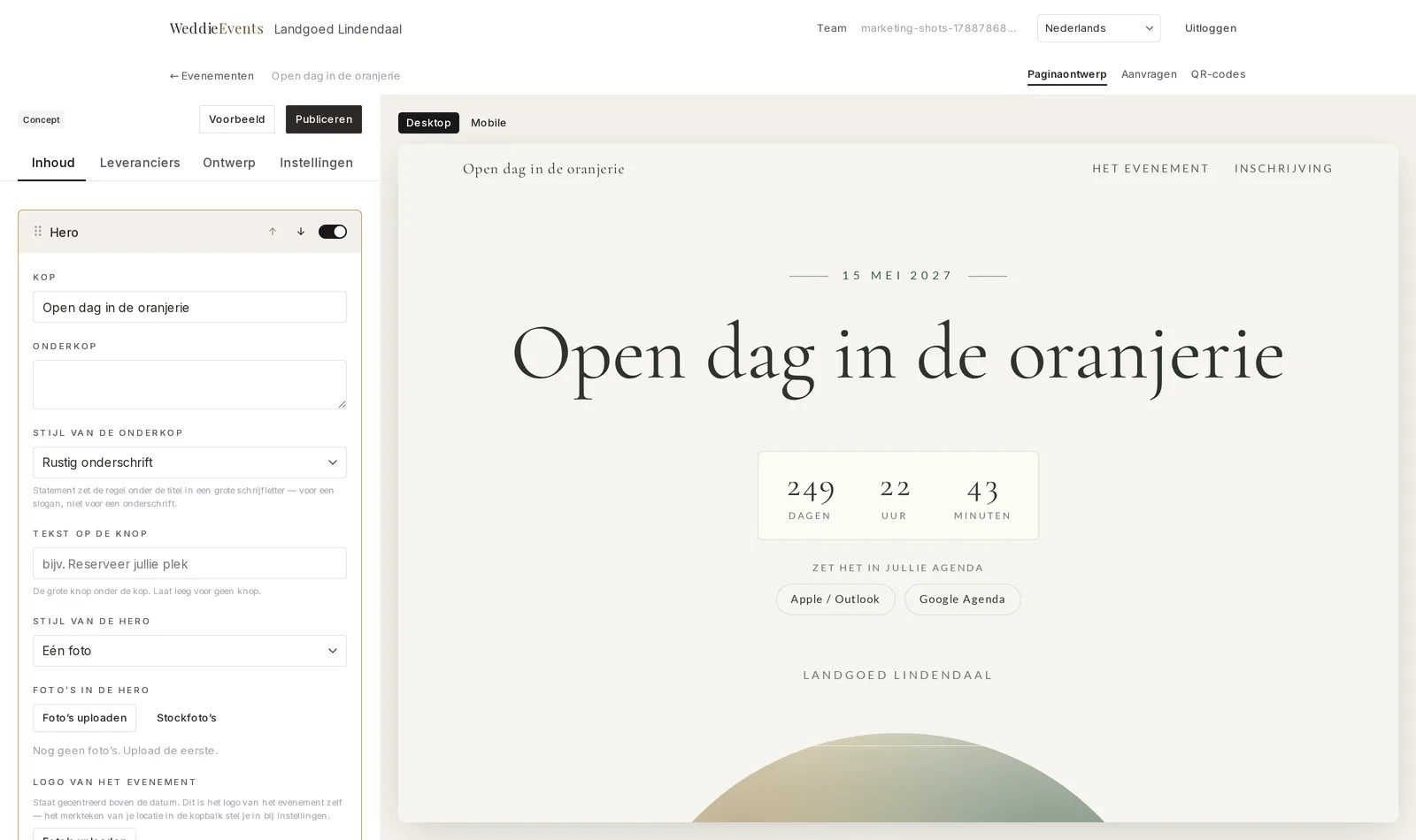 De editor van WeddieEvents: vier tabbladen bovenaan, links een lijst met secties met sleepgrepen, en rechts een live voorbeeld van de pagina.