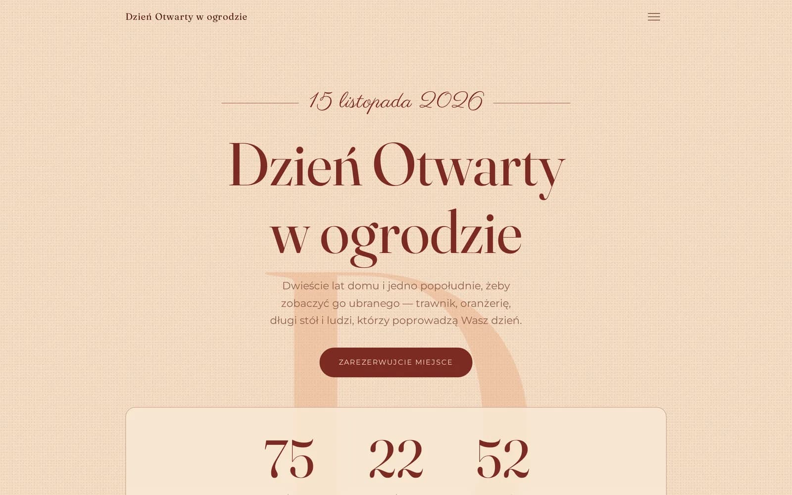 Strona dnia otwartego Dworu Lipowego na ekranie komputera: data, tytuł wydarzenia i przycisk rezerwacji miejsca.