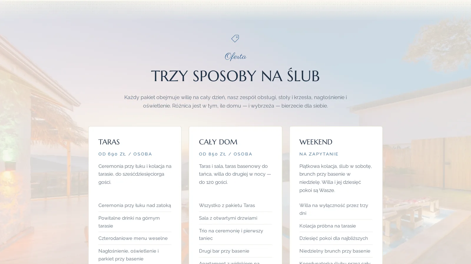 Sekcja Oferta na stronie wydarzenia: trzy karty pakietów, każda z nazwą, ceną „od” i listą pozycji.