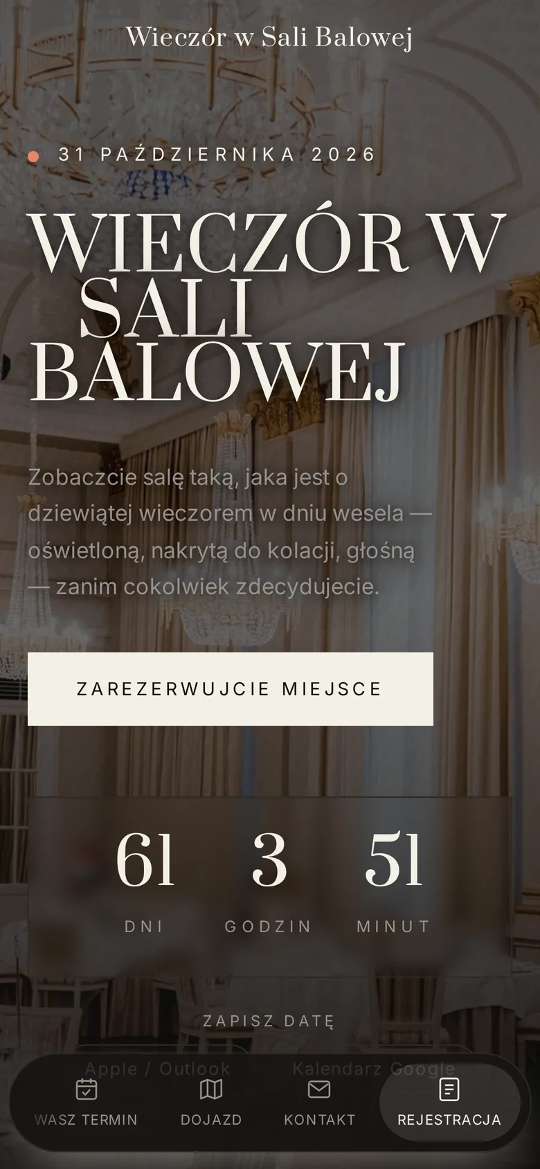 Program dnia otwartego na telefonie, z pływającym paskiem sekcji na dole ekranu.
