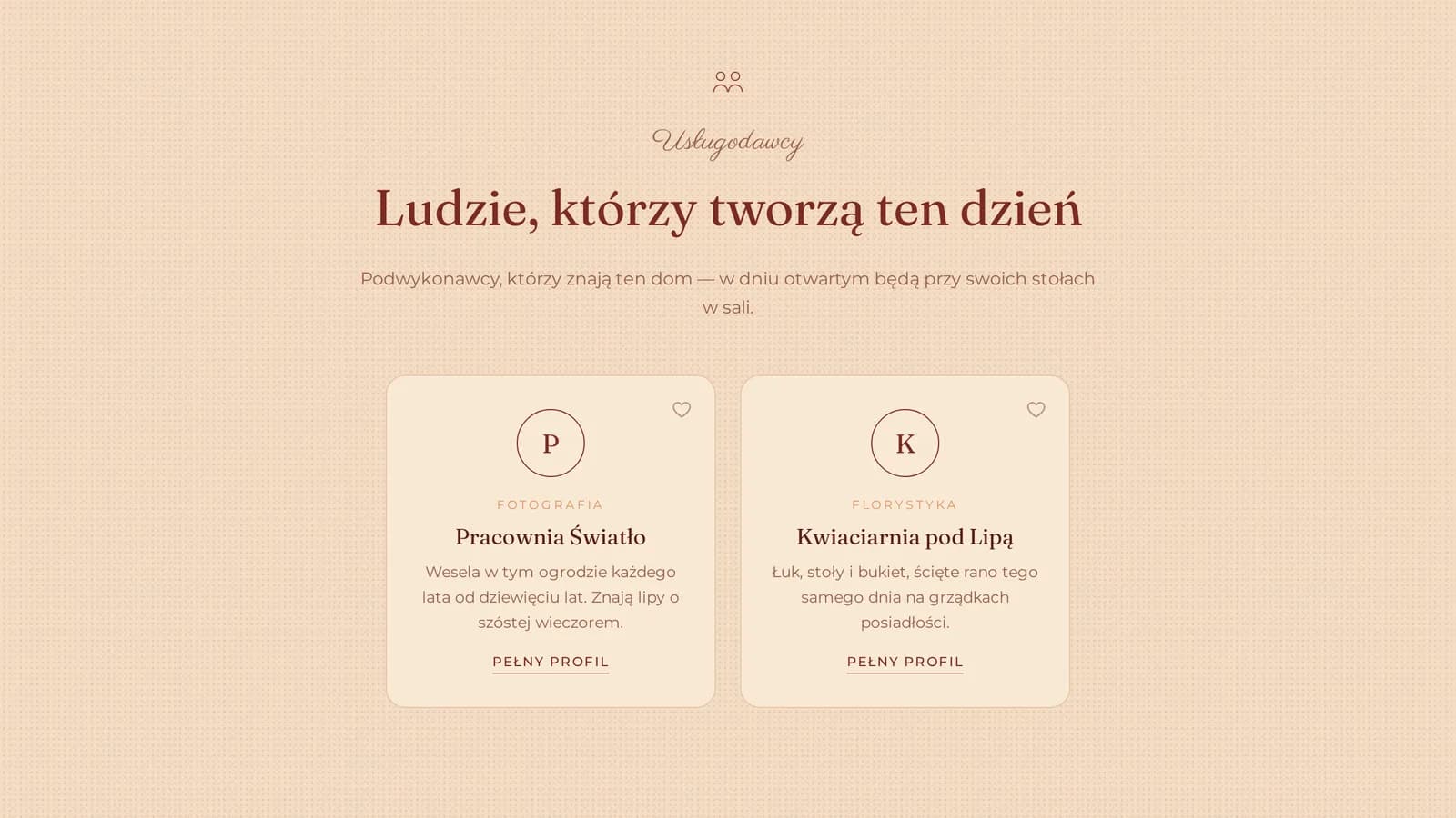 Panel usługodawcy: pola opisu i linków, miejsce na logo i siatka zdjęć portfolio.